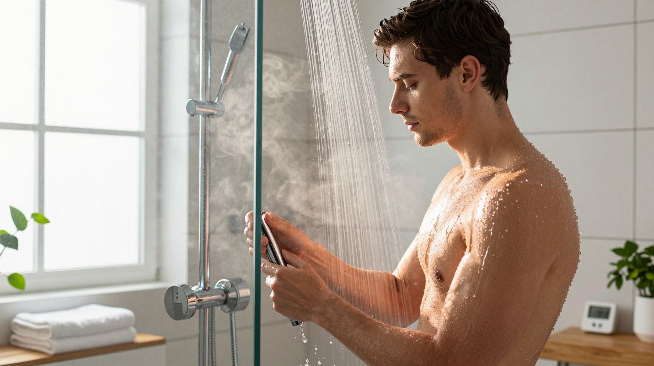 Homem a tomar banho de chuveiro num ambiente luminoso com janelas e plantas no banheiro.