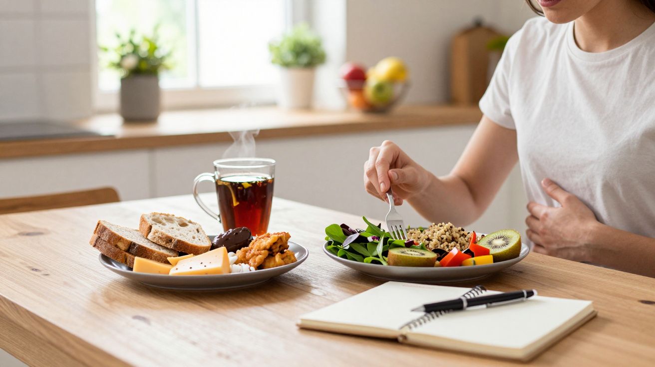 Pessoa a comer salada e a beber chá quente numa mesa com notebook e comida diversa ao lado.