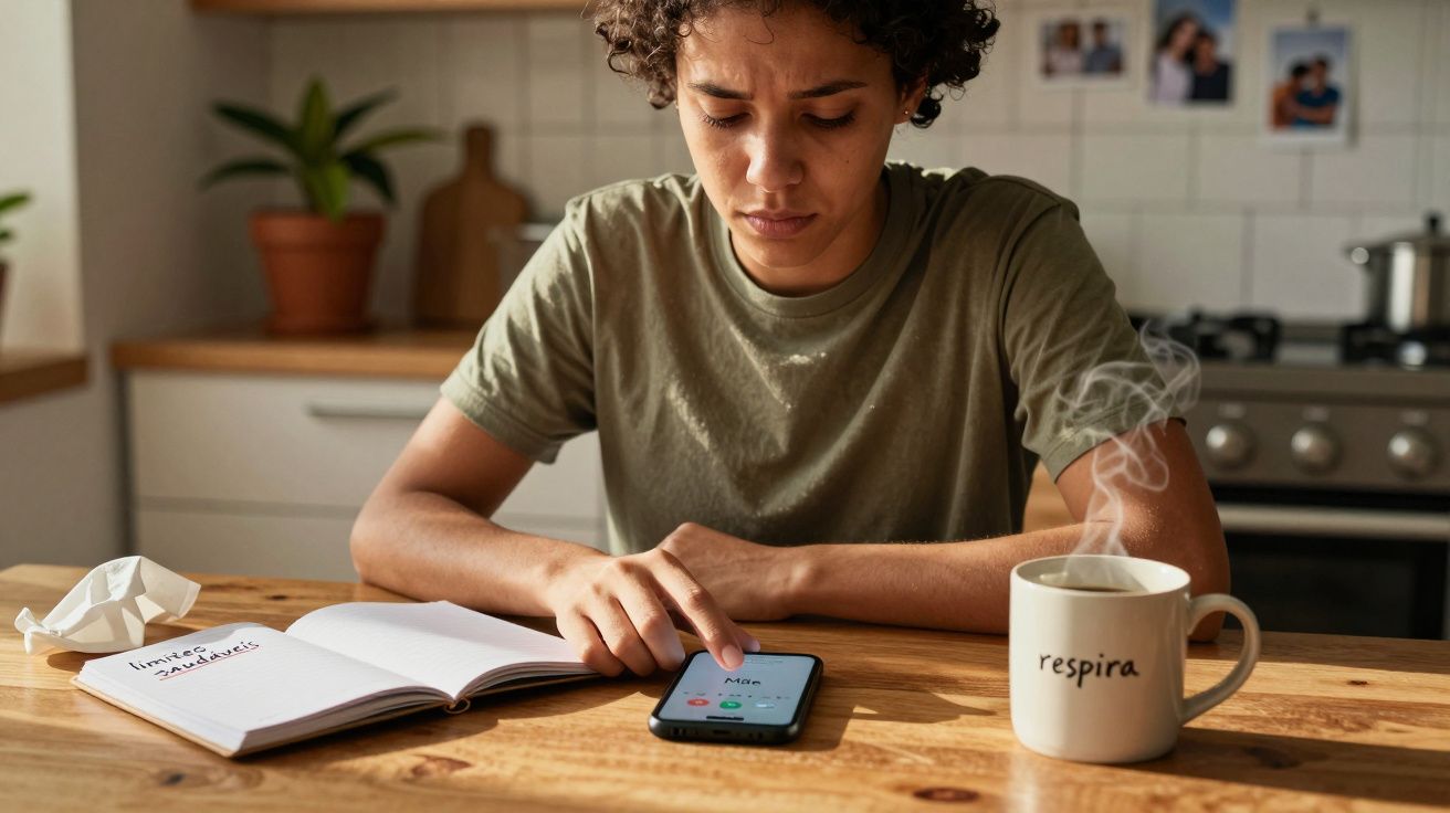 Pessoa jovem preocupada a atender chamada no telemóvel, com caneca de chá e caderno na cozinha.