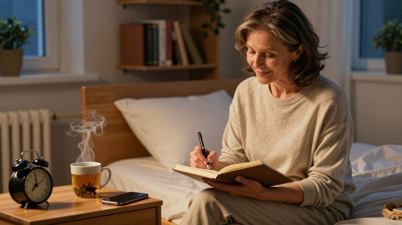 Mulher sorridente escreve num caderno sentada na cama numa noite tranquila com chá quente ao lado.