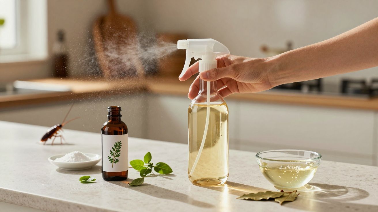 Spray repelente sendo borrifado numa cozinha com ingredientes naturais e uma barata ao fundo.