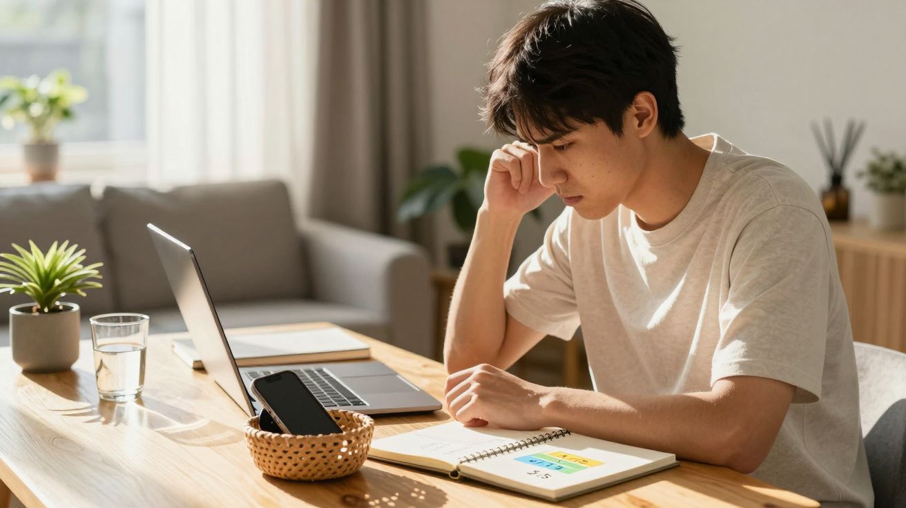 Jovem sentado a estudar à mesa com laptop, caderno, telemóvel e copo de água numa sala iluminada.