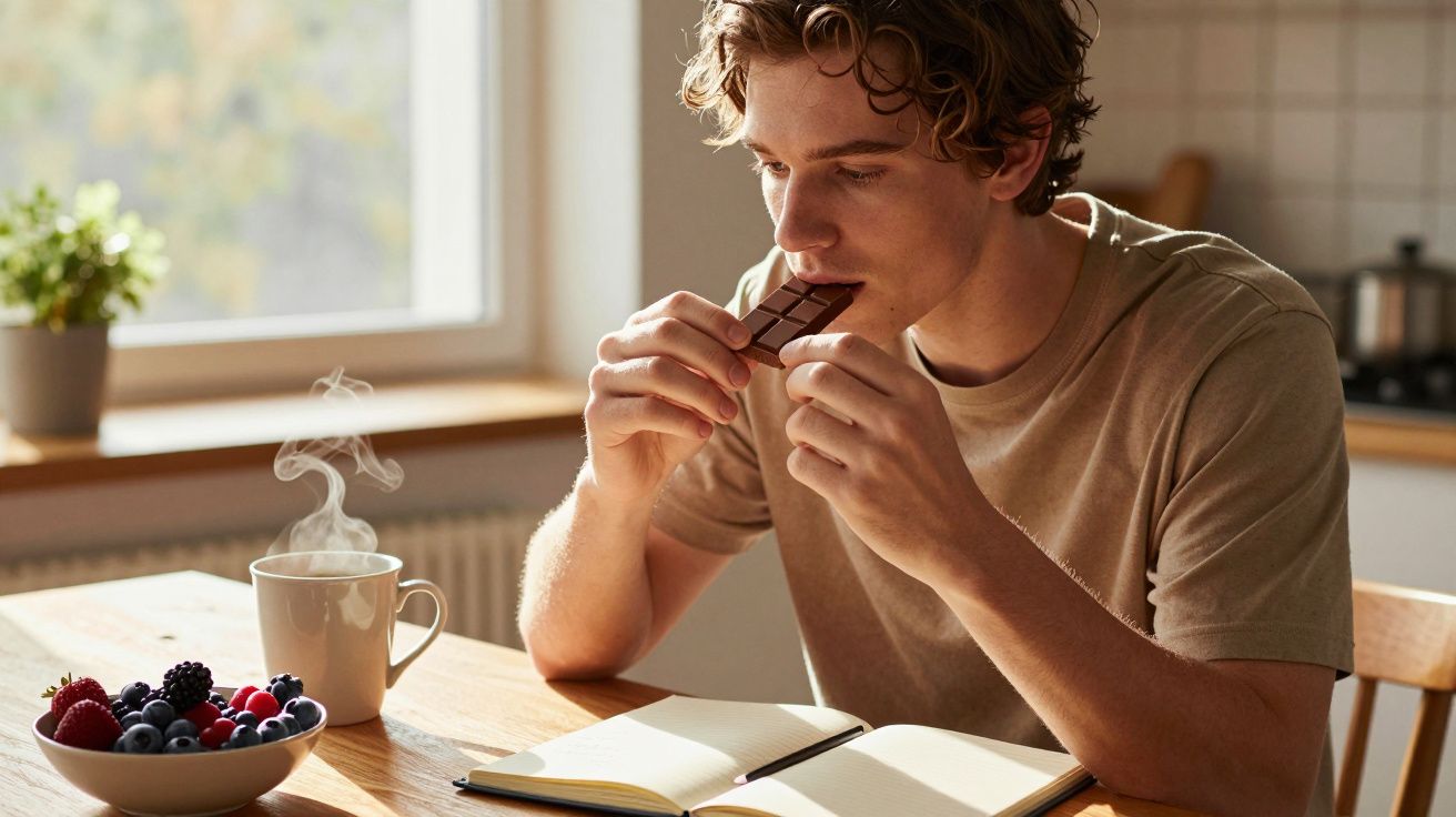 Homem jovem a comer chocolate junto a mesa com caderno aberto, chá quente e taça de frutos vermelhos.