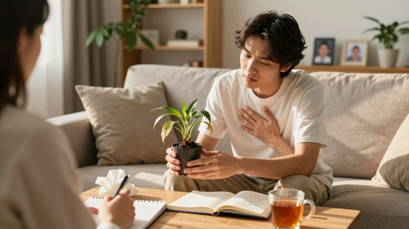 Homem sentado no sofá segura planta e conversa com mulher que toma notas numa sala iluminada.