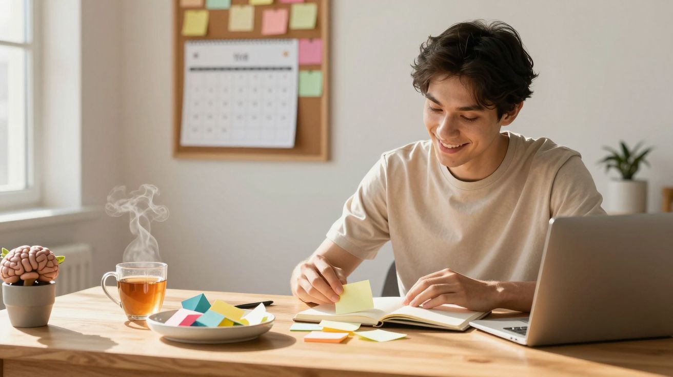 Jovem a sorrir enquanto escreve em caderno, sentado à mesa com chá, laptop e post-its coloridos.
