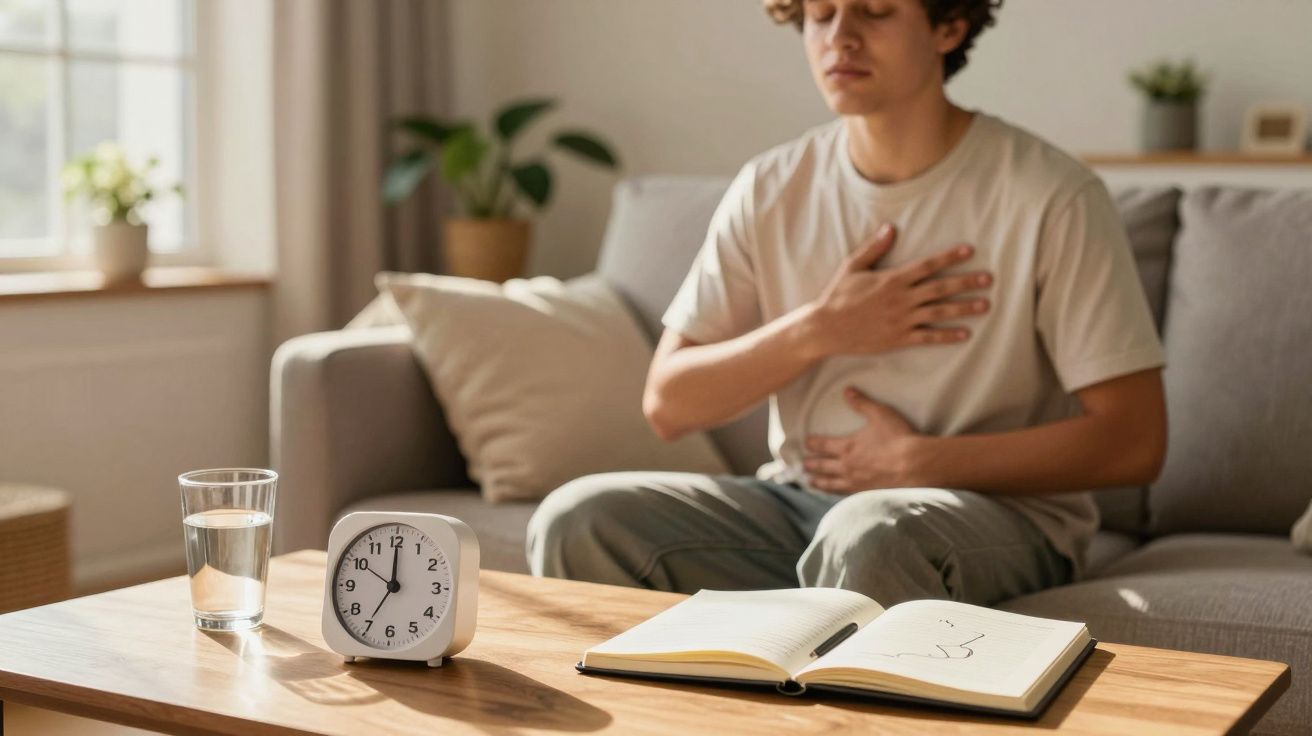 Jovem sentado no sofá com as mãos na barriga e peito, aparentando desconforto estomacal, mesa com relógio, livro e copo de ág