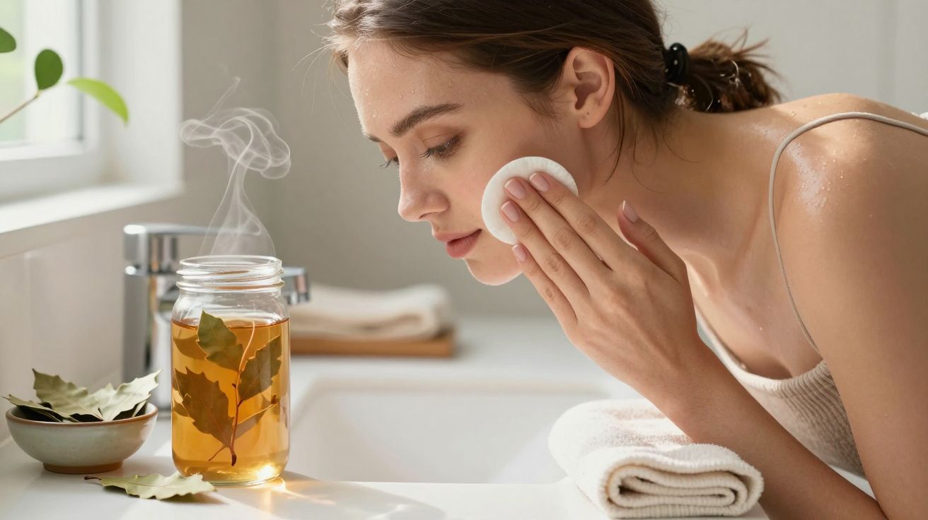 Mulher limpa o rosto com disco de algodão perto de frasco com folhas e vapor numa casa de banho luminosa.