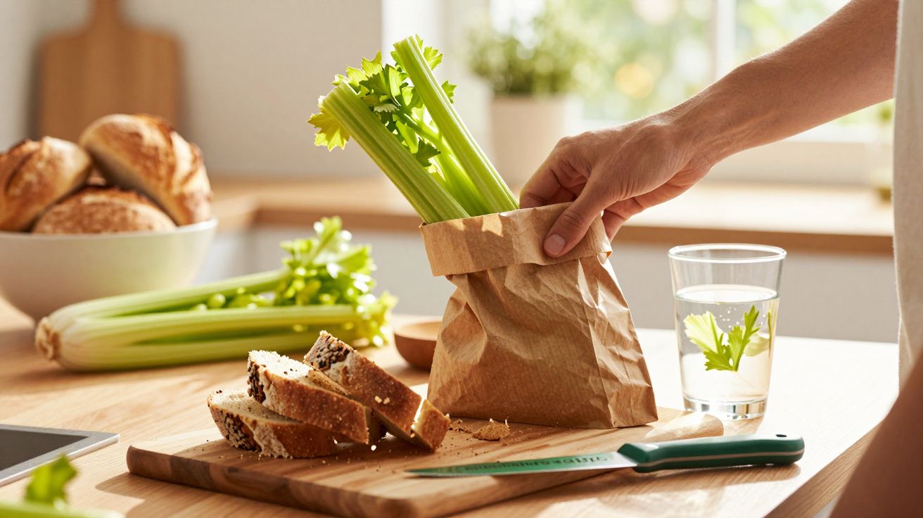 Mãos a colocar talos de aipo num saco de papel, com pão cortado e copo com aipo numa bancada de cozinha.