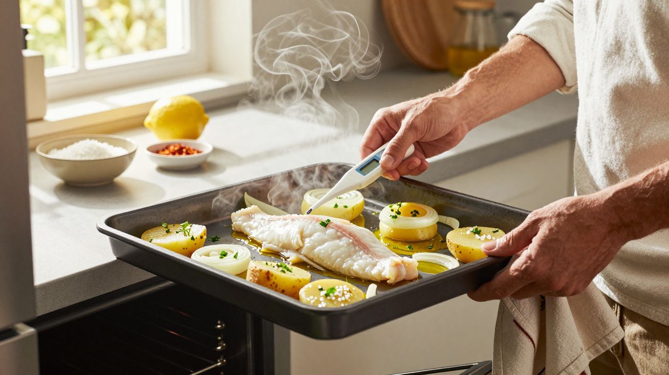 Pessoa a tirar do forno tabuleiro com peixe, batatas e cebolas temperadas, com vapor a sair.