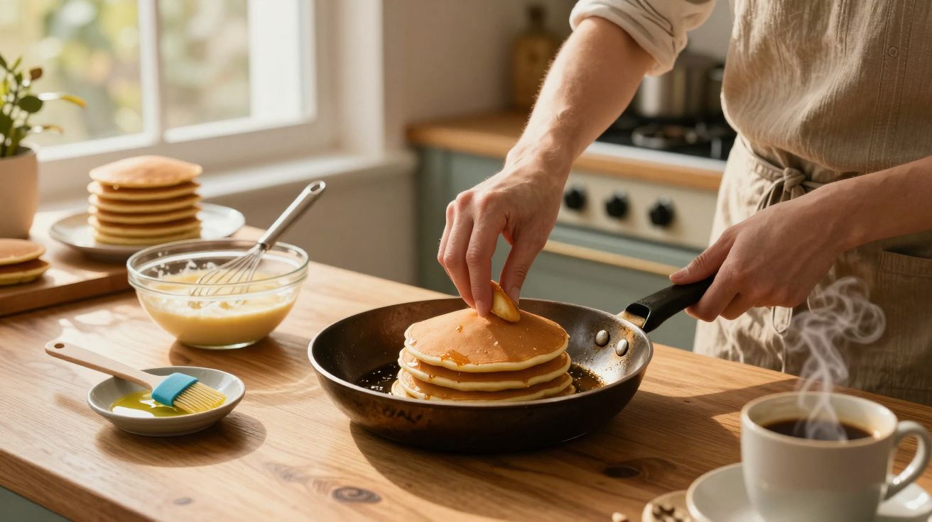Pessoa a cozinhar panquecas numa frigideira, com tigela de massa e café sobre a mesa de madeira.