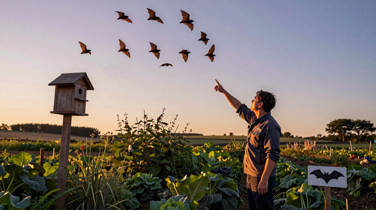 Homem aponta para morcegos a voar sobre uma horta ao pôr do sol em área rural.