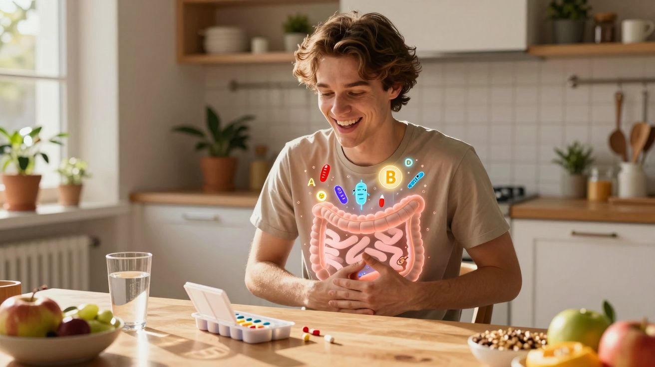 Jovem sentado feliz na cozinha com ilustração digital do sistema digestivo e vitaminas sobre o abdómen.