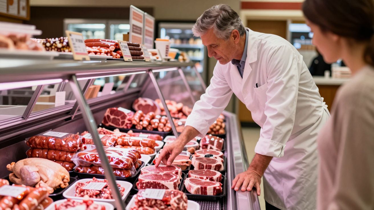 Talhante a escolher e mostrar cortes de carne vermelha numa vitrine de talho para cliente num supermercado.