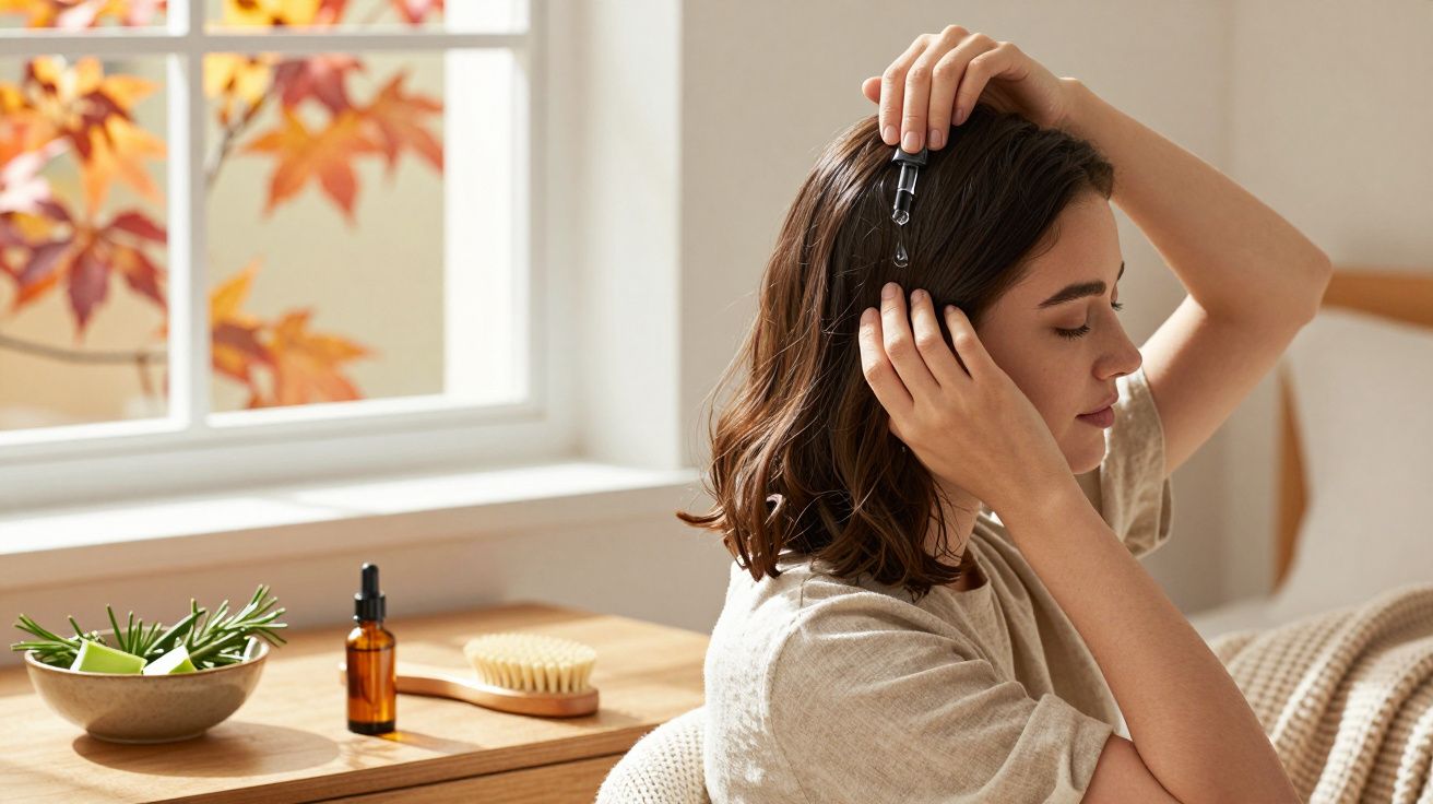 Mulher a aplicar óleo capilar num quarto com luz natural e utensílios de cuidado no móvel.