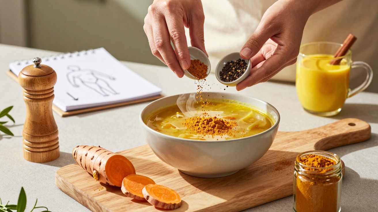 Mãos a polvilhar especiarias numa tigela de sopa com açafrão, pedaços de curcuma e bebida à direita.