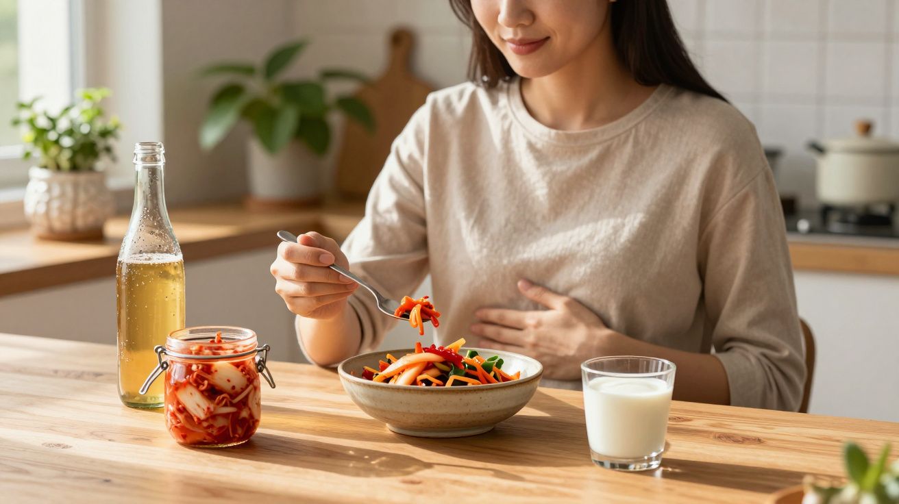 Mulher a comer uma refeição saudável com legumes, leite e bebida em recipiente de vidro na cozinha.