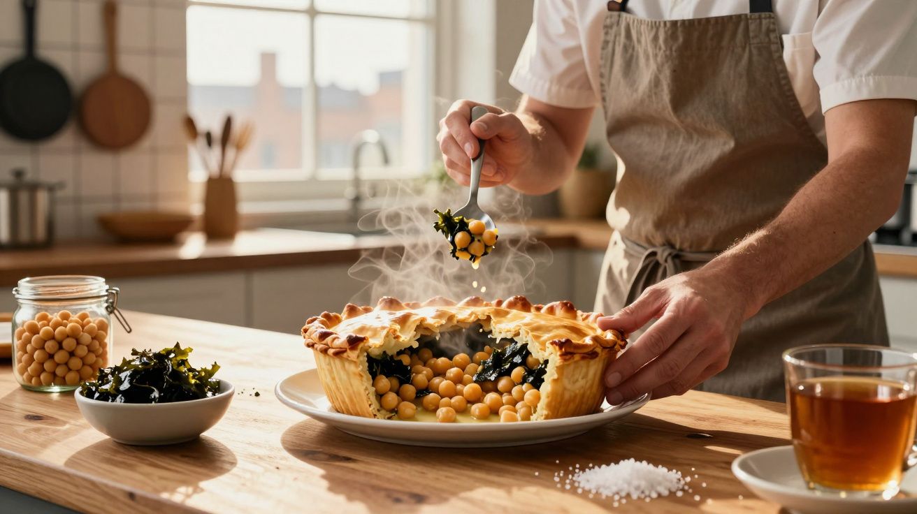 Pessoa a servir torta quente com grão-de-bico e vegetais numa cozinha iluminada.