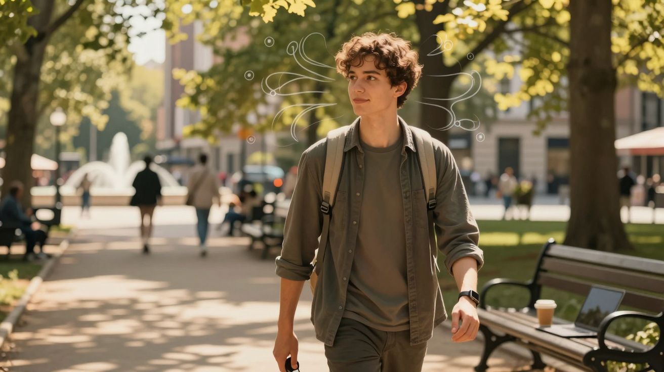 Jovem com mochila a caminhar num parque urbano soalheiro, rodeado por árvores e bancos.