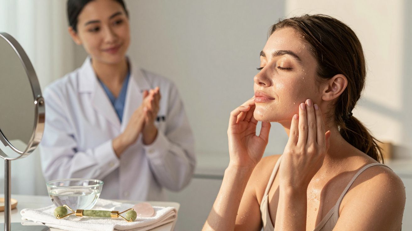 Mulher a aplicar creme facial com especialista em dermatologia a observar num consultório moderno.
