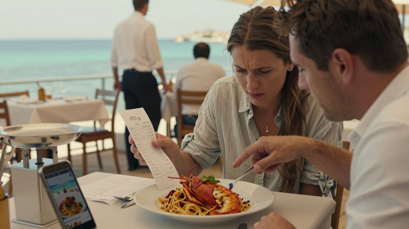 Casal num restaurante à beira-mar, com uma mulher a olhar para a conta e um prato com lagosta e esparguete.