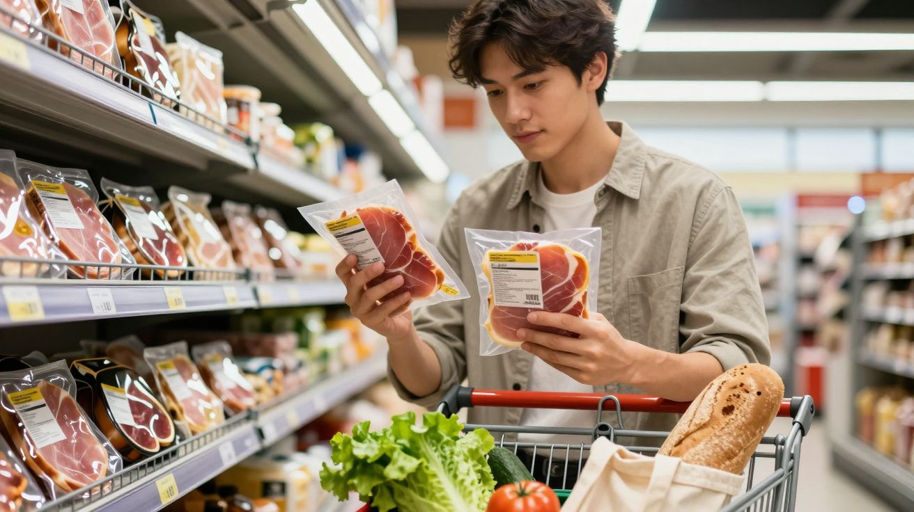 Homem a comparar embalagens de fiambre num supermercado, com carrinho cheio de legumes e pão.
