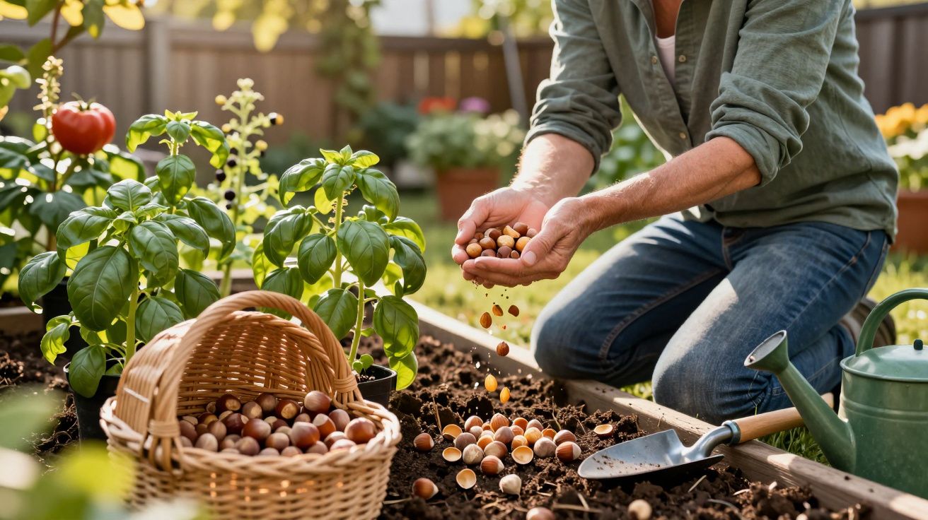 Pessoa a plantar bolotas num canteiro com plantas, cesta de bolotas e regador ao lado.