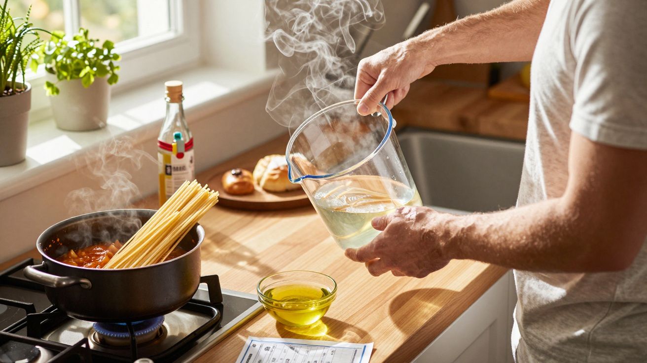 Pessoa a cozinhar esparguete num tacho com molho vermelho numa cozinha iluminada e moderna.