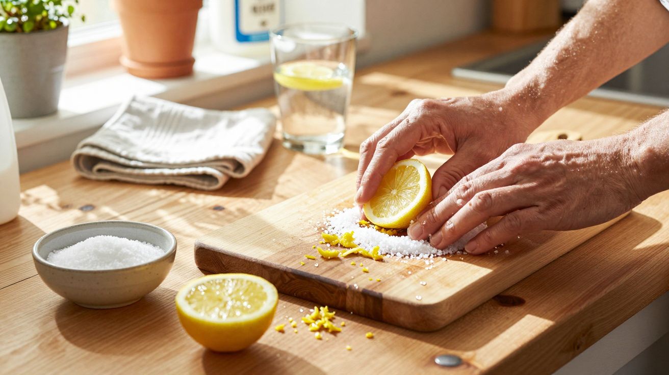 Mãos a espremer um limão sobre sal grosso num tabuleiro de madeira numa cozinha iluminada naturalmente.