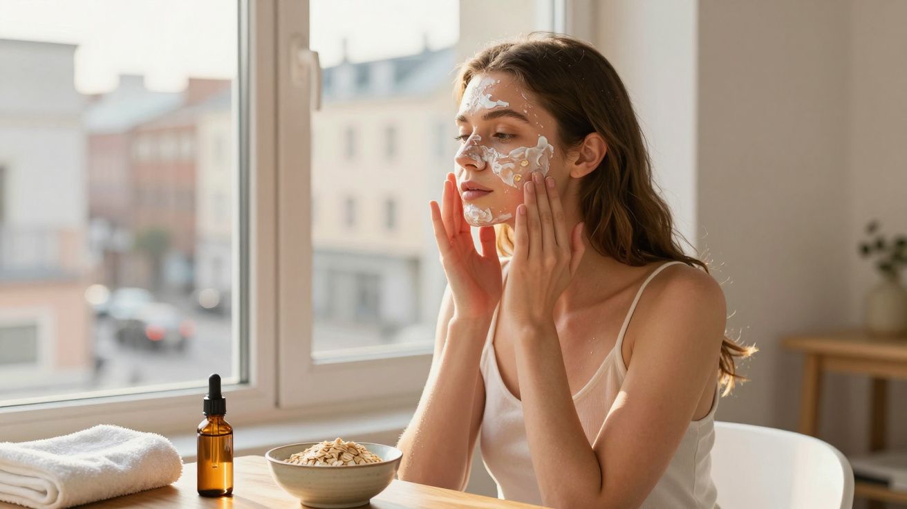 Mulher jovem a aplicar máscara facial caseira com aveia junto à janela numa manhã iluminada.
