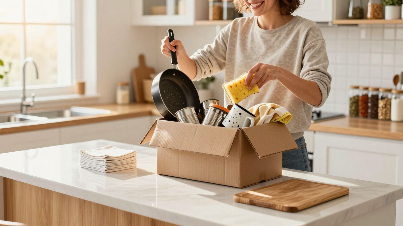 Mulher a desempacotar utensílios de cozinha numa cozinha moderna e iluminada.