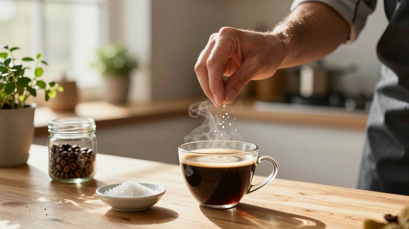 Mão a adicionar sal a uma chávena de café quente numa cozinha com jarra de grãos de café e plantas ao fundo.