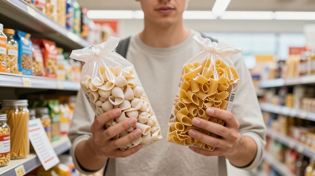 Pessoa a segurar dois pacotes de massas de formatos diferentes numa loja alimentar.
