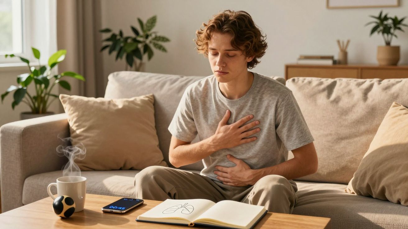 Jovem sentado no sofá com mãos no peito e abdómen, aparentando dor, junto a livro sobre pulmões.
