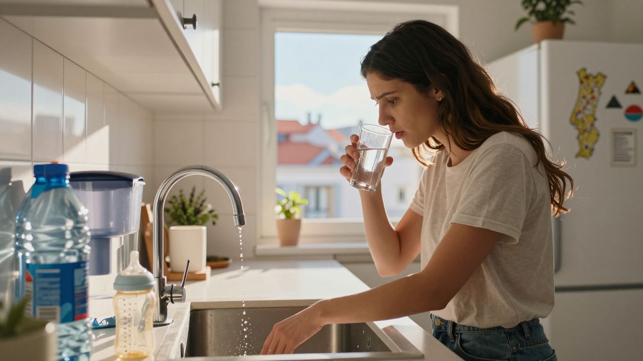Mulher em cozinha a beber água e a lavar as mãos na pia junto à janela sob luz natural.