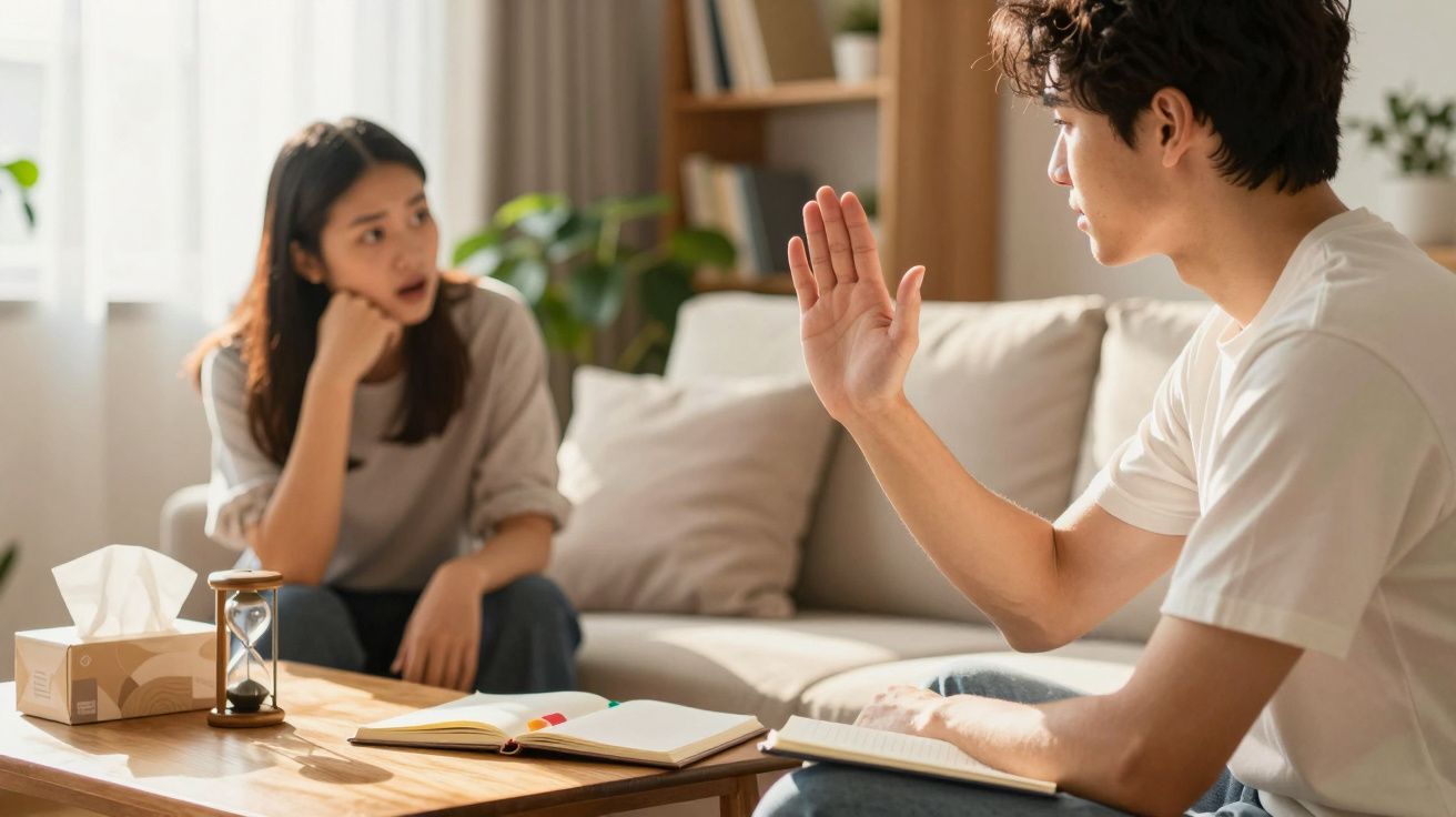 Homem com a mão levantada a falar com mulher sentada no sofá numa sessão de terapia.