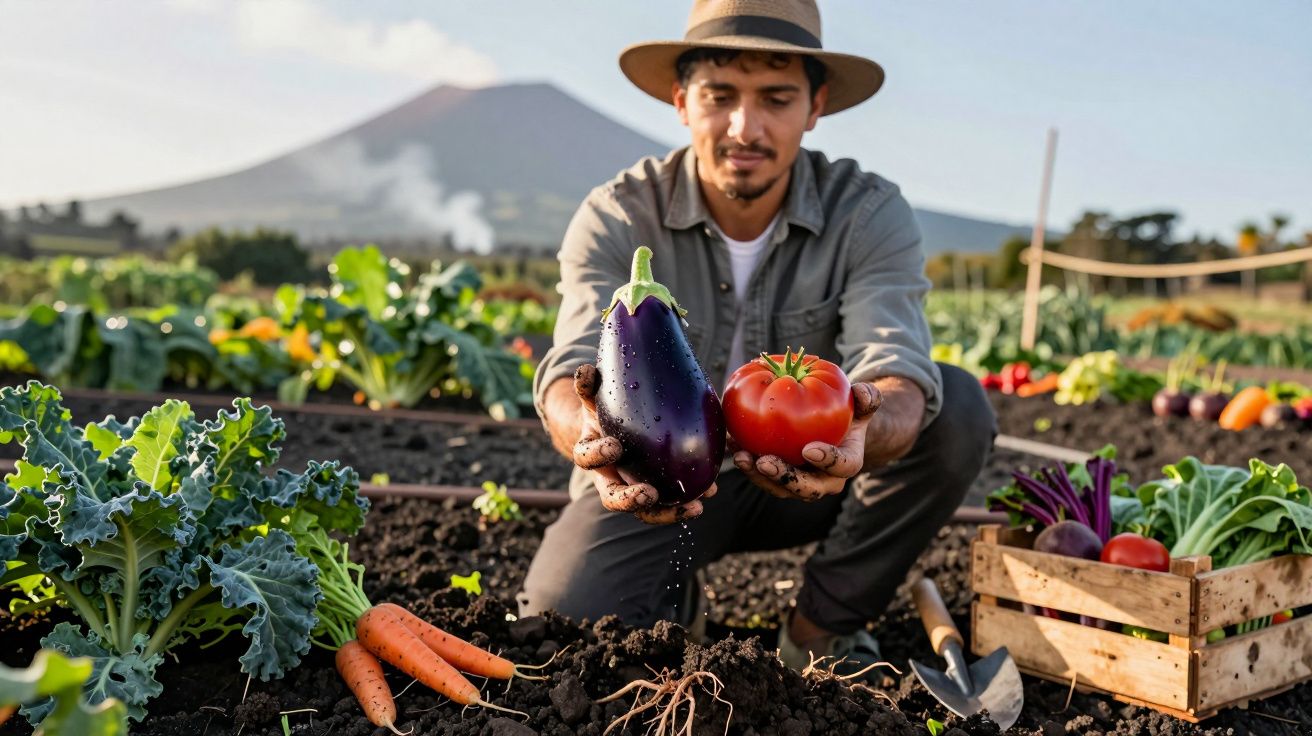 Homem numa horta mostra beringela e tomate frescos, rodeado de legumes e vegetais no solo fértil.