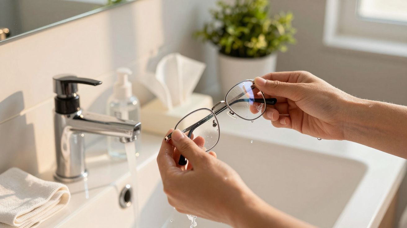 Mãos a lavar óculos com água numa pia de casa de banho com dispensador de creme e planta ao fundo.