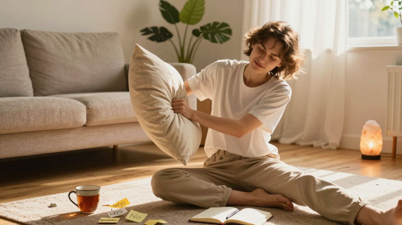 Pessoa sentada no chão da sala, a segurar almofada, com chá e caderno à sua frente.