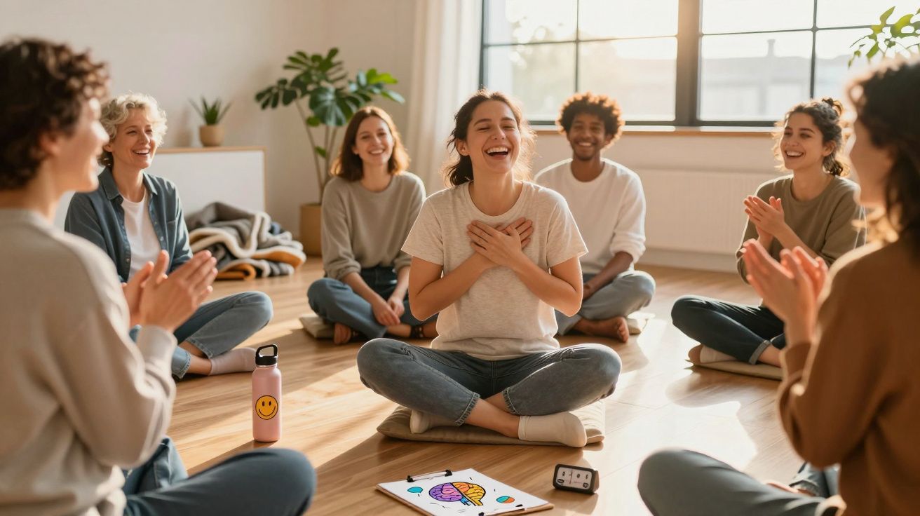 Grupo de pessoas sentadas em círculo num ambiente iluminado a aplaudir uma mulher sorridente ao centro.