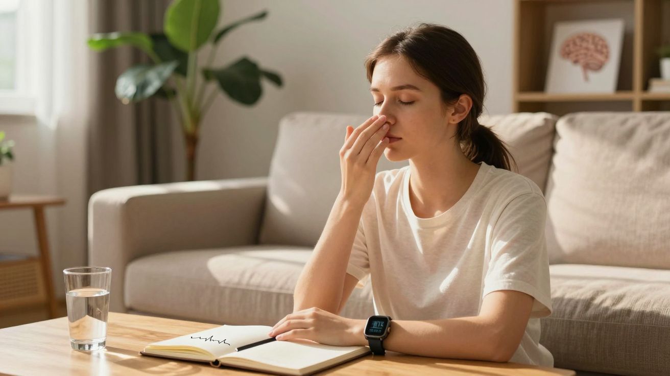 Mulher sentada a tocar o nariz com os olhos fechados, rodeada por caderno, água e decoração de sala.