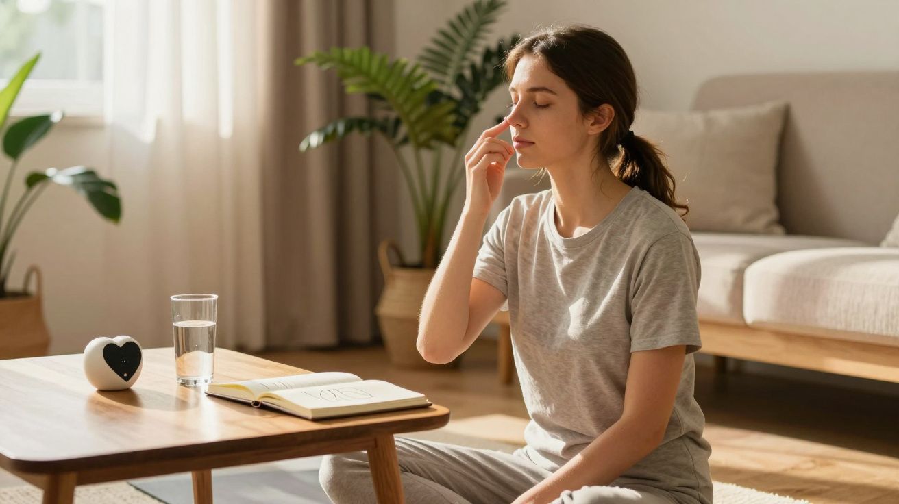 Mulher sentada no chão a praticar respiração profunda numa sala iluminada e tranquila.