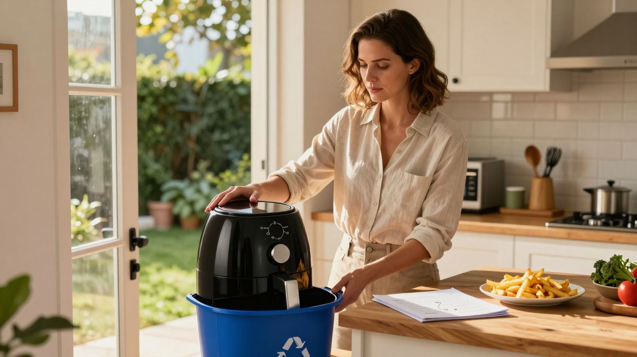 Mulher coloca uma fritadeira elétrica dentro de um contentor azul de reciclagem na cozinha iluminada.