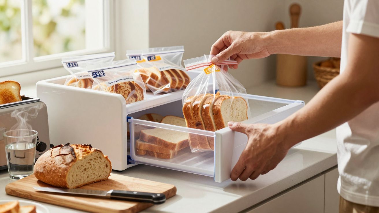Mãos guardam pão fatiado num saco dentro de um armário branco de cozinha com vários pães embalados.