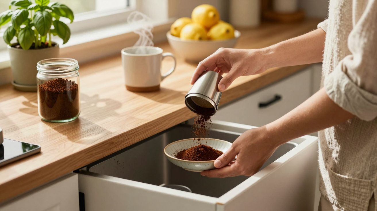 Pessoa a preparar café com café moído numa cozinha iluminada, com plantas e limões na bancada.
