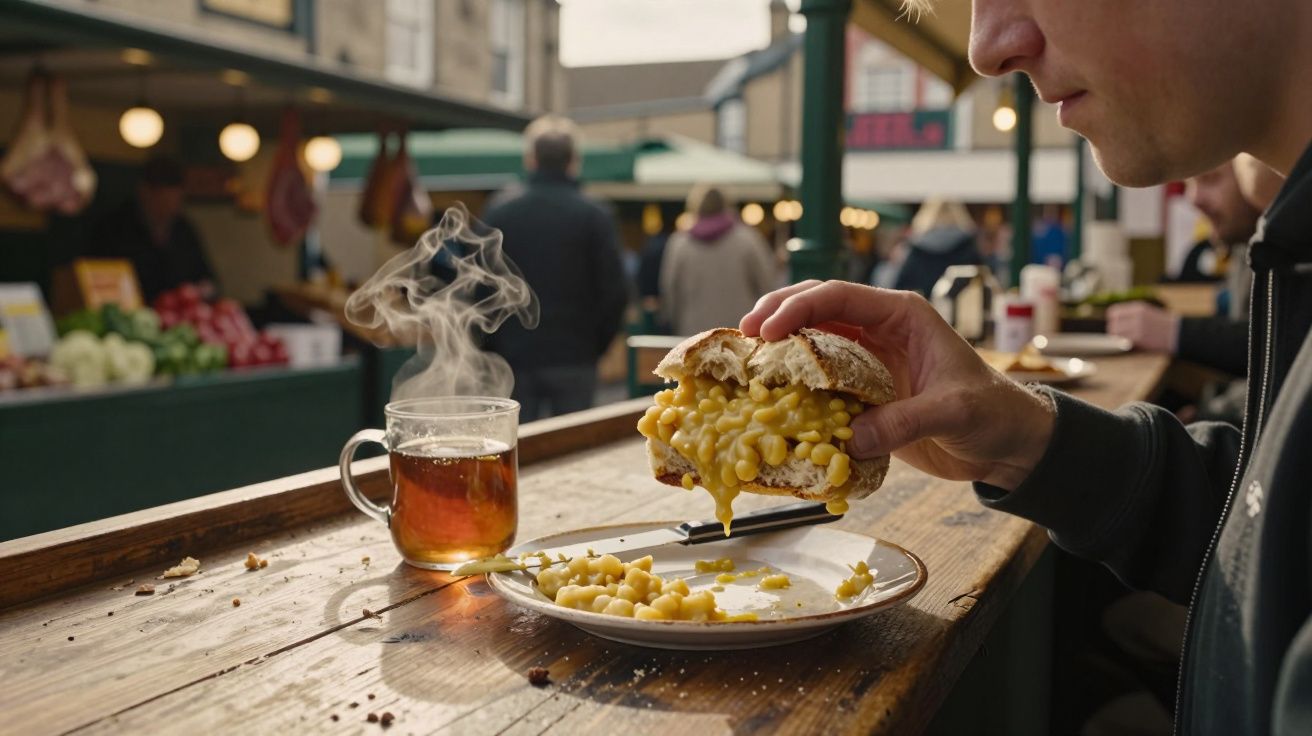Pessoa a comer sanduíche recheada com milho e chá quente fumegante num mercado ao ar livre.
