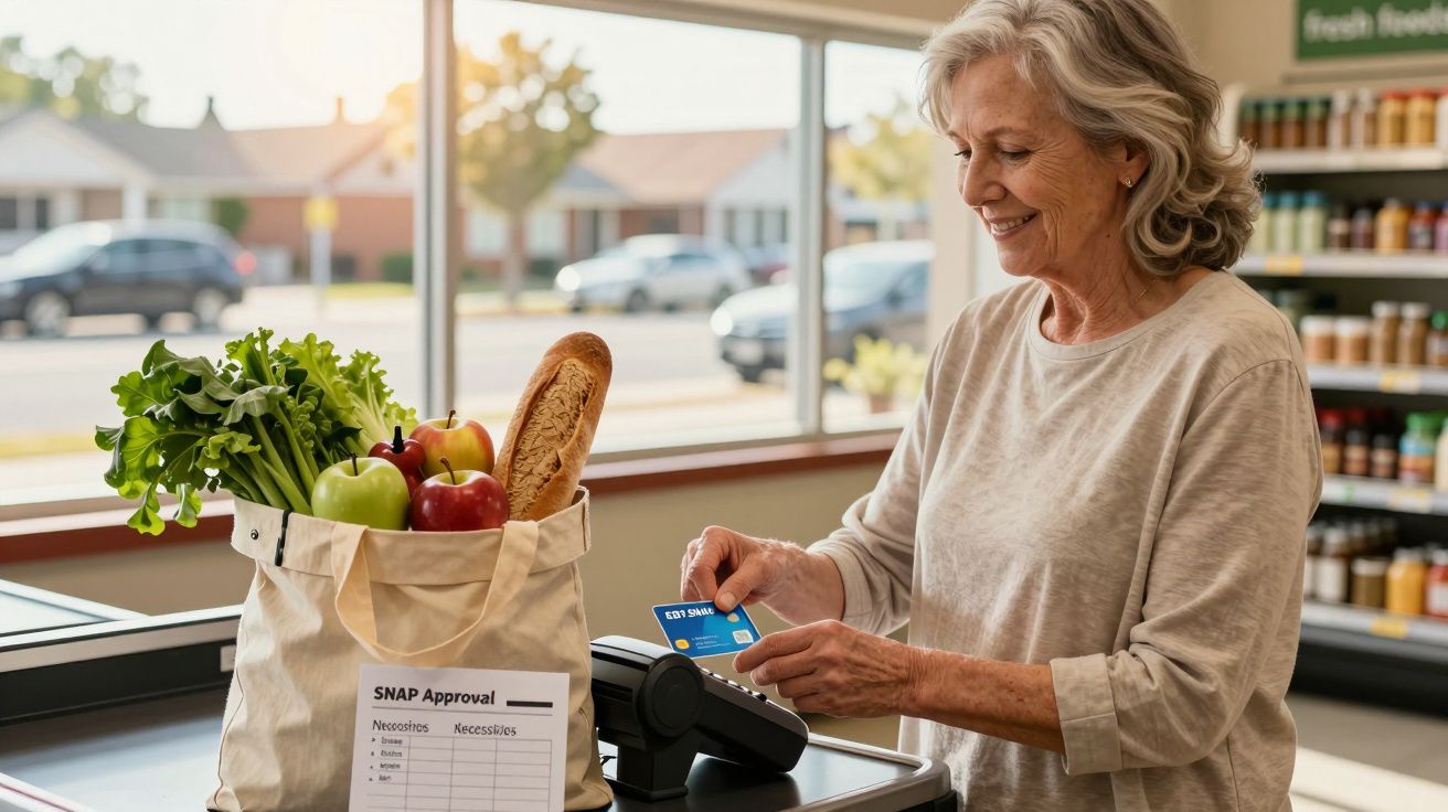 Mulher idosa a pagar com cartão em supermercado, com sacola de compras cheia de legumes e frutas.
