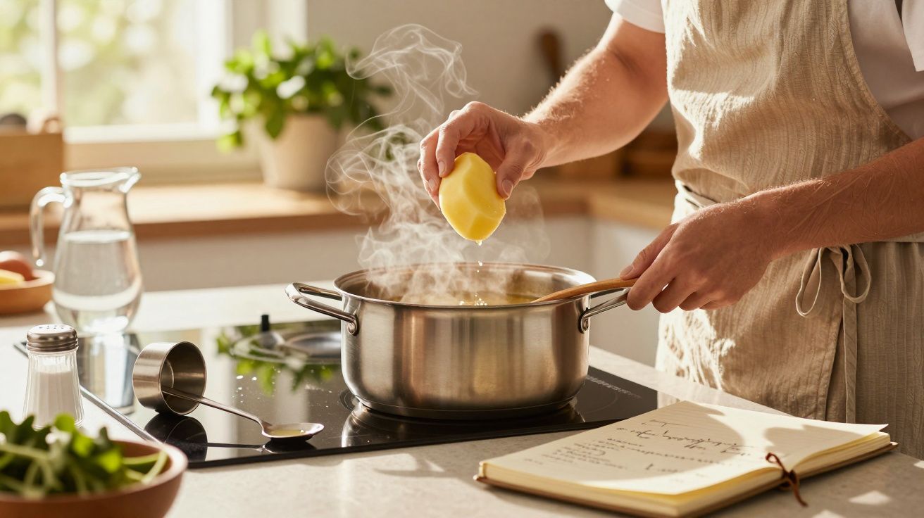 Pessoa a descascar batata para cozer num tacho fumegante na cozinha luminosa com receita aberta.