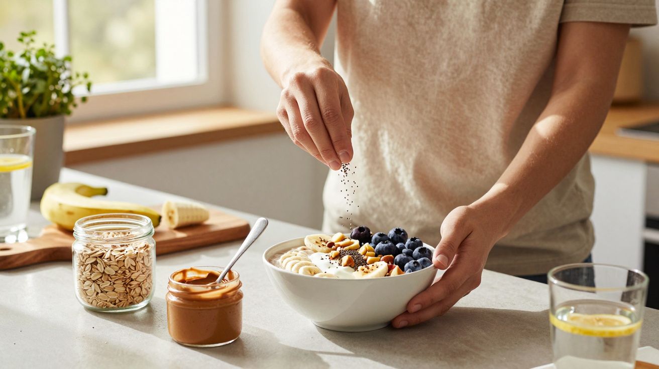 Pessoa preparando taça de iogurte com banana, mirtilos, frutos secos, sementes e manteiga de amendoim na cozinha.
