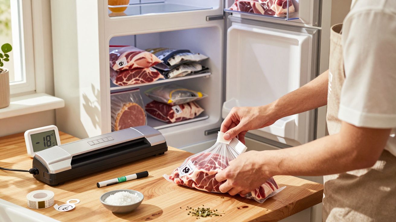 Pessoa a armazenar carne embalada a vácuo numa cozinha com frigorífico aberto.