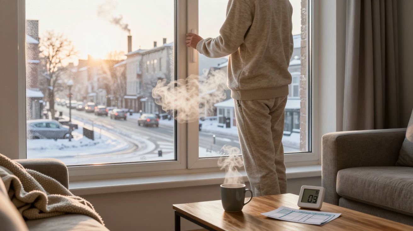Pessoa com roupa confortável a olhar pela janela para rua coberta de neve ao pôr do sol, com chá quente na mesa.